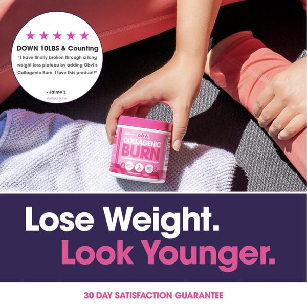 A square ad creative featuring a product shot of Collagenic Burn alongside a verified customer review, targeting weight loss benefits.
